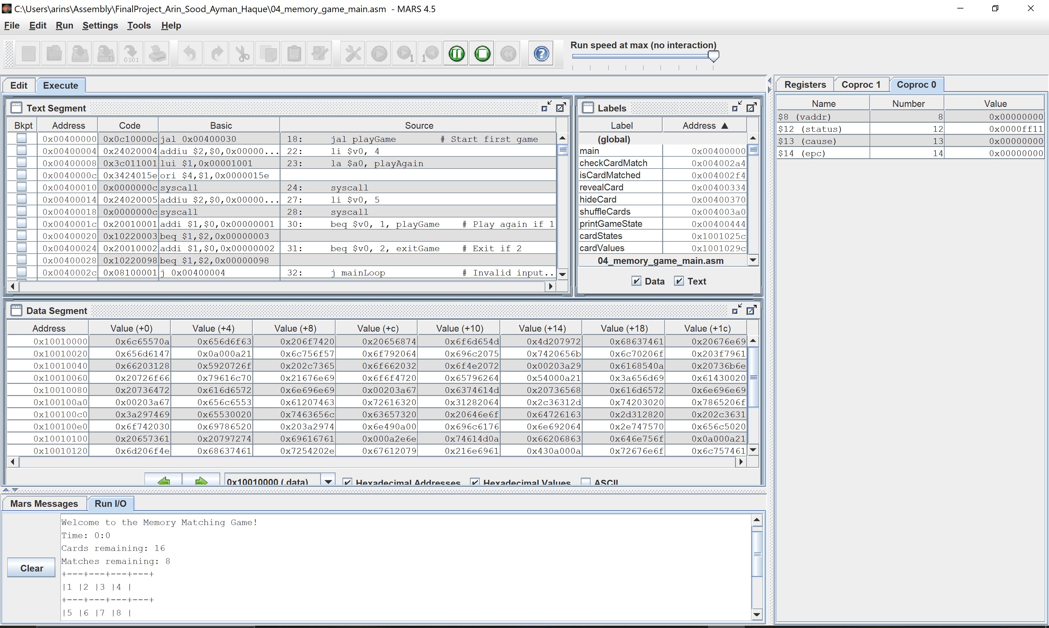 MIPS Math Memory Match demo